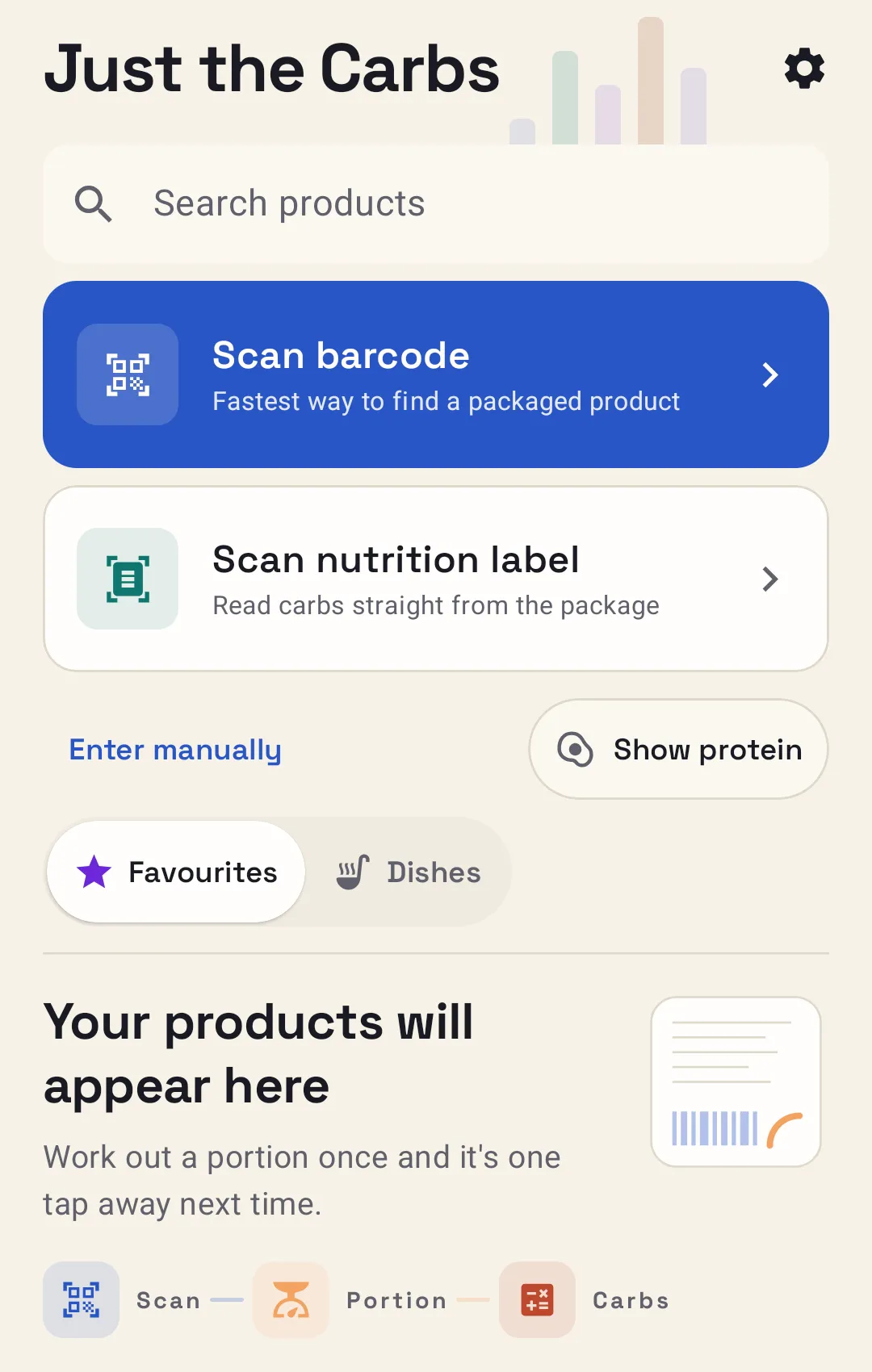 The Just the Carbs home screen: a search field, a large Scan barcode action, a Scan nutrition label action and an Enter manually link.