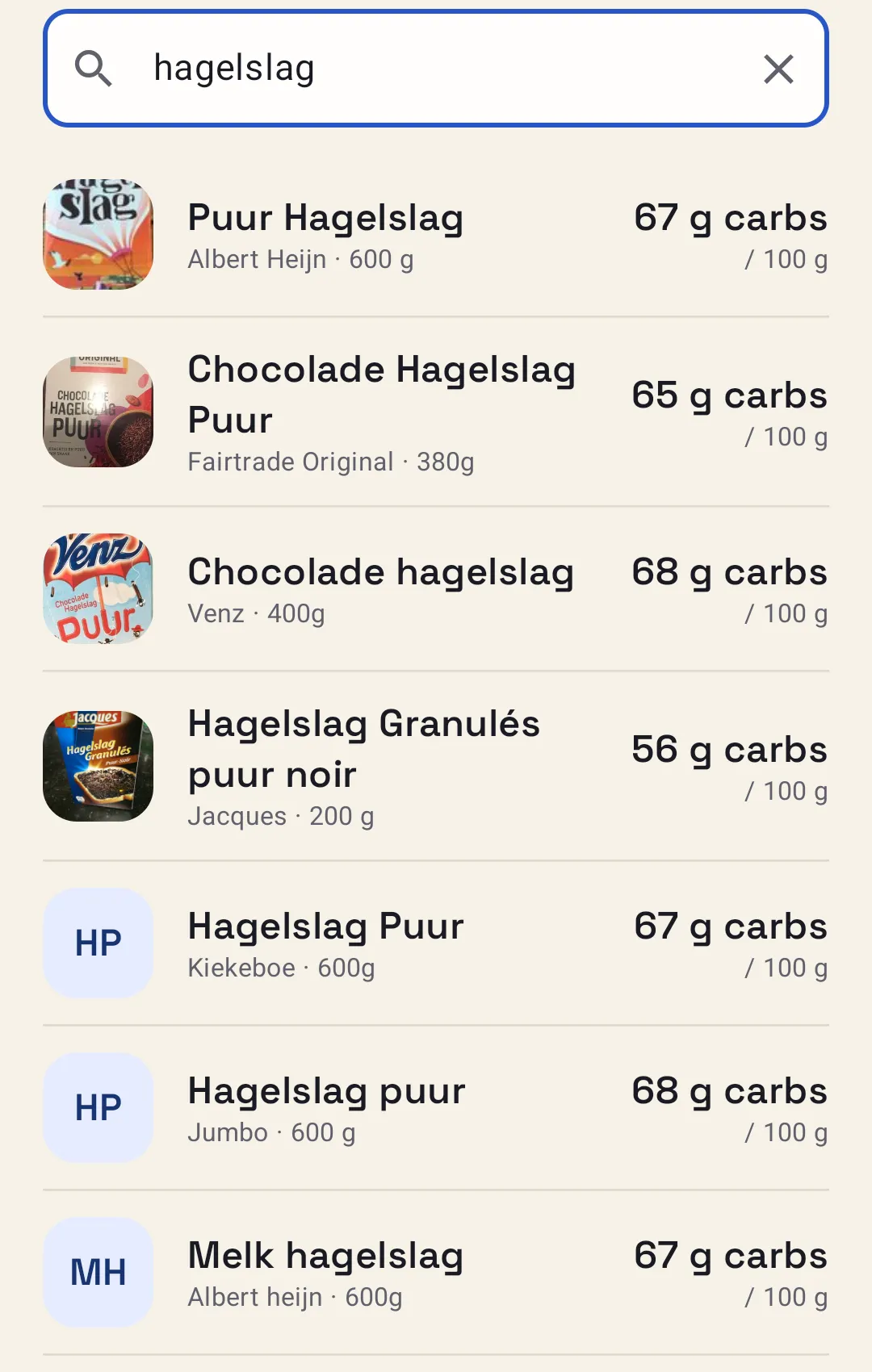 Search results for hagelslag: a list of products with brand and pack size, each showing its carbs per 100 g, such as 67 g carbs per 100 g.